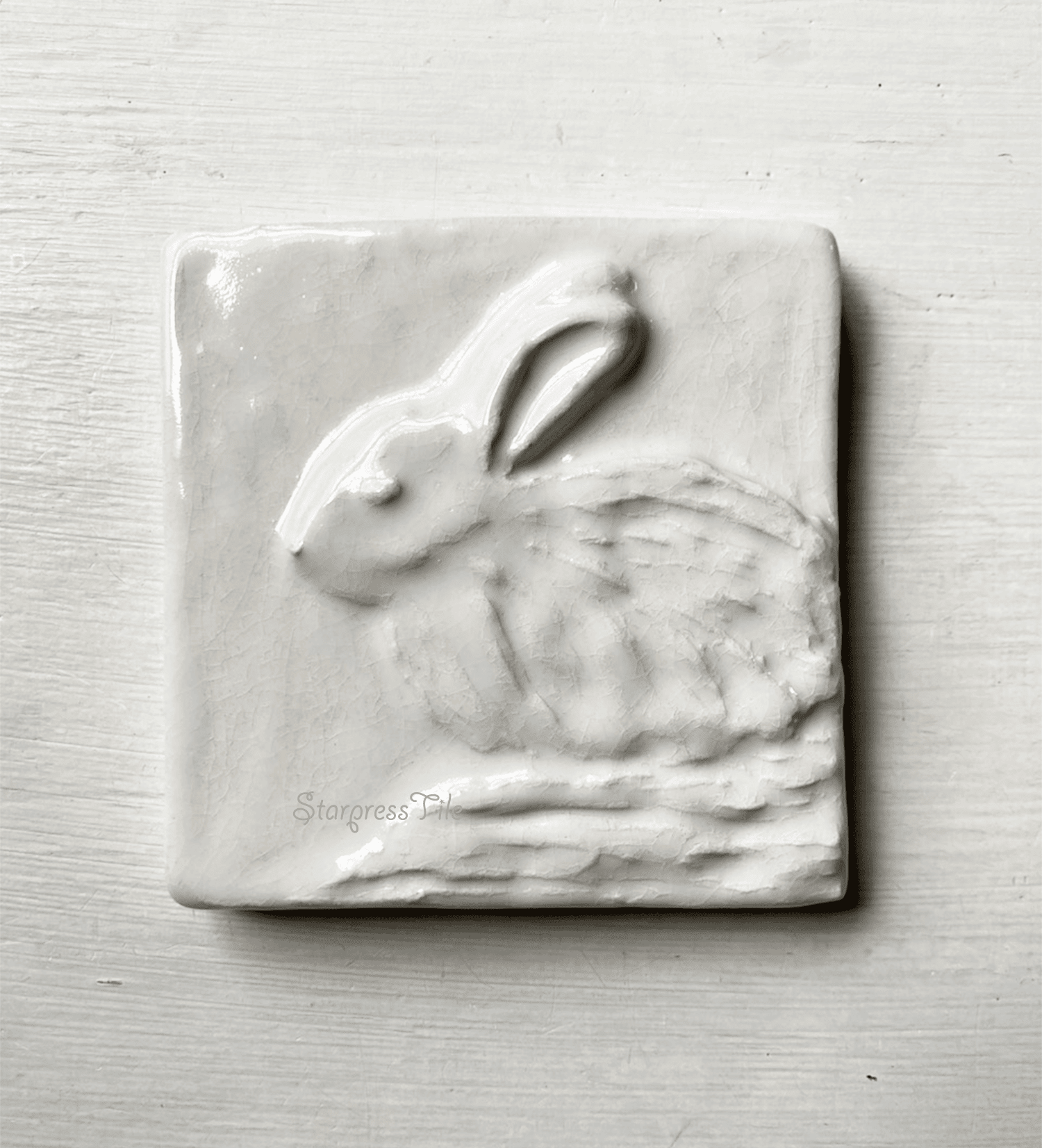 White Rabbit 4 inch sculptural tile.